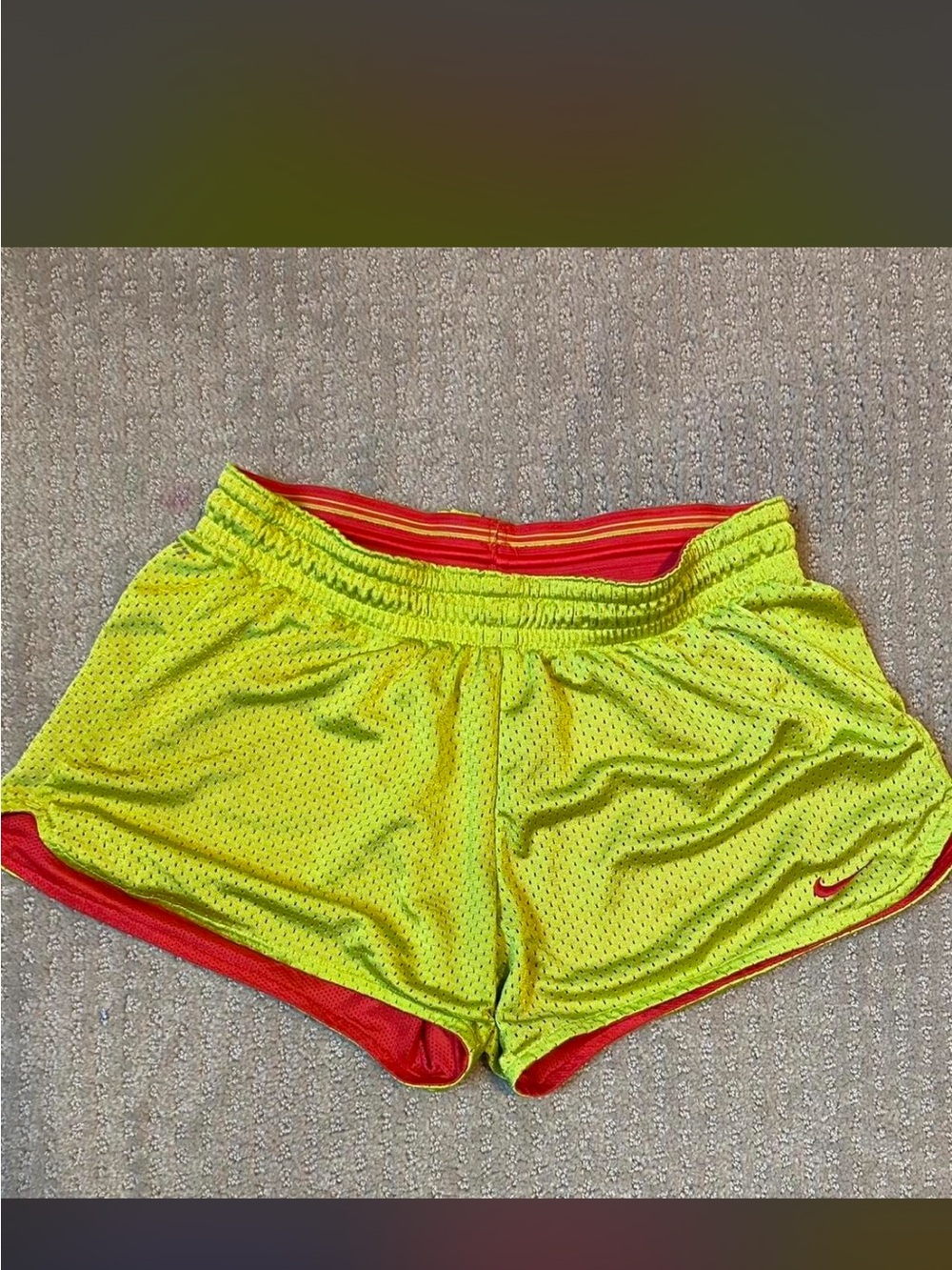 Nike Women’s Neon Yellow Athletic Mesh Shorts with Red Trim